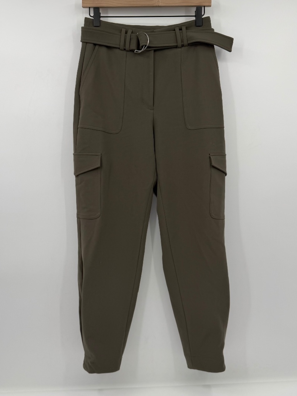 Express Ankle Super High Rise Pants Women 4 R Green Cargo Pockets Belted Army